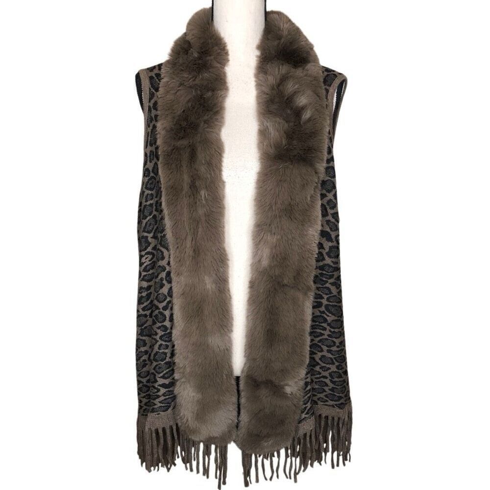 Northern Angel Open, Cheetah, Fur Collar, Fringed, Mob Wife Sweater Vest Sz S/M